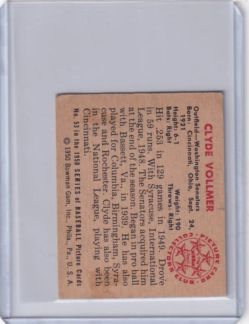 Vintage 1950 Bowman Baseball card of Clyde Vollmer with red seal and aged paper