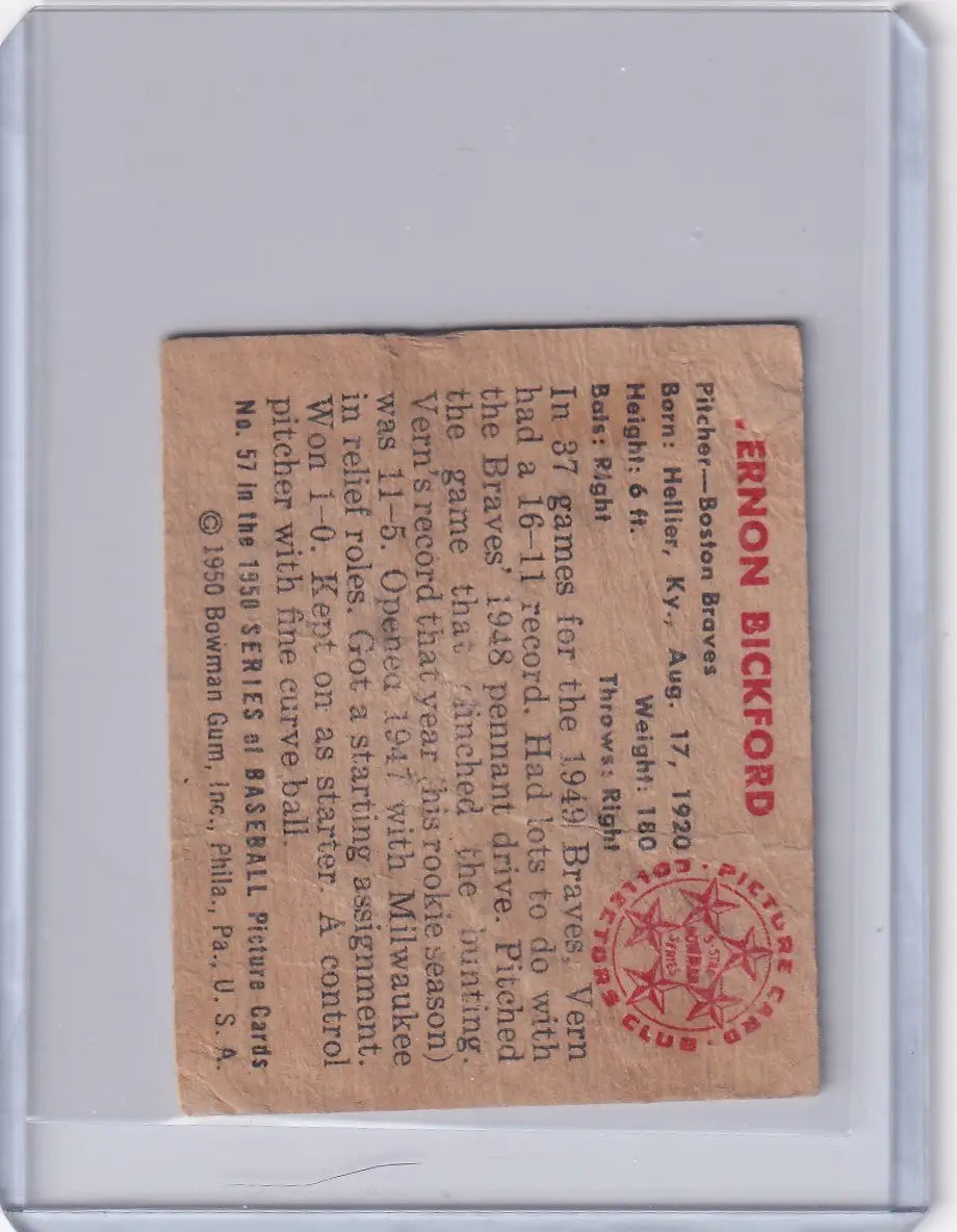 Vintage 1950 Bowman Baseball card featuring Vern Bickford of the Boston Braves