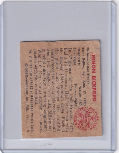 Vintage 1950 Bowman Baseball card featuring Vern Bickford of the Boston Braves
