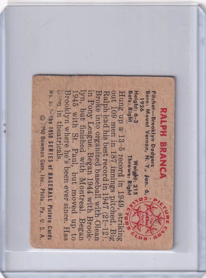Vintage Bowman Baseball card featuring Ralph Branca from Brooklyn Dodgers with a red seal