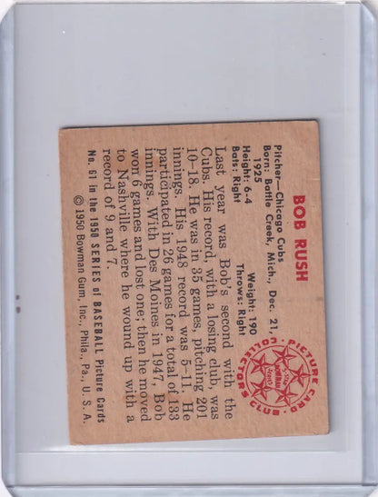 Vintage Bowman Baseball card featuring Bob Rush, Chicago Cubs RC with red seal