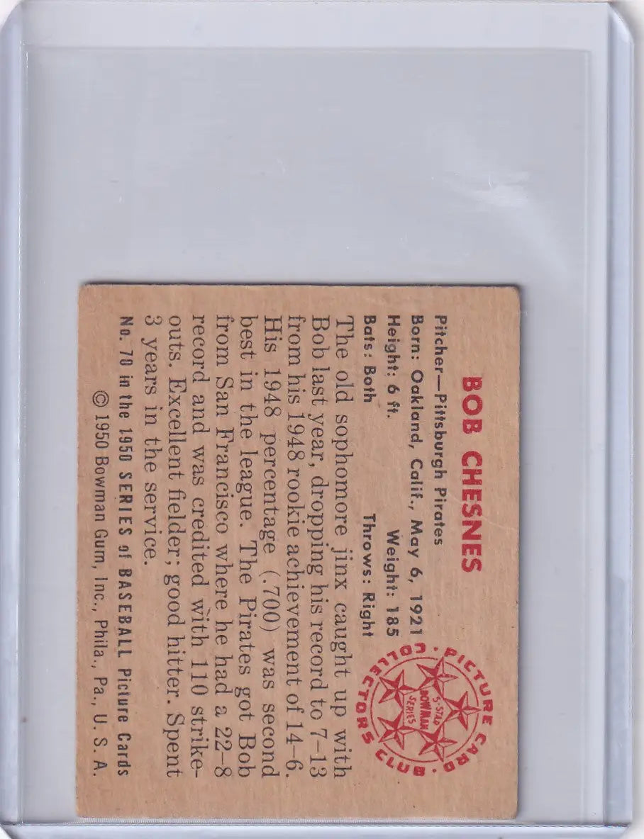1950 Bowman Baseball #70 Bob Chesnes - Pittsburgh Pirates - Baseball Card Single
