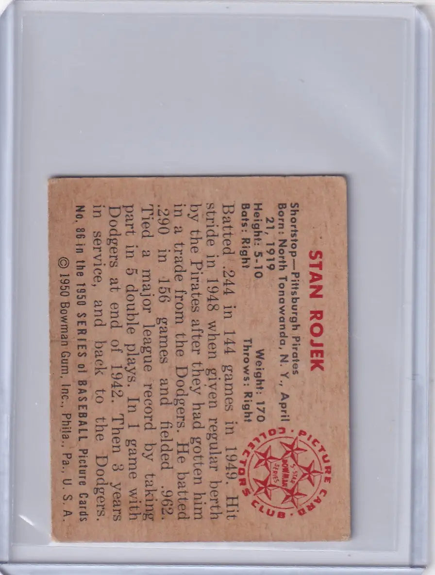 1950 Bowman Baseball #86 Stan Rojek - Pittsburgh Pirates