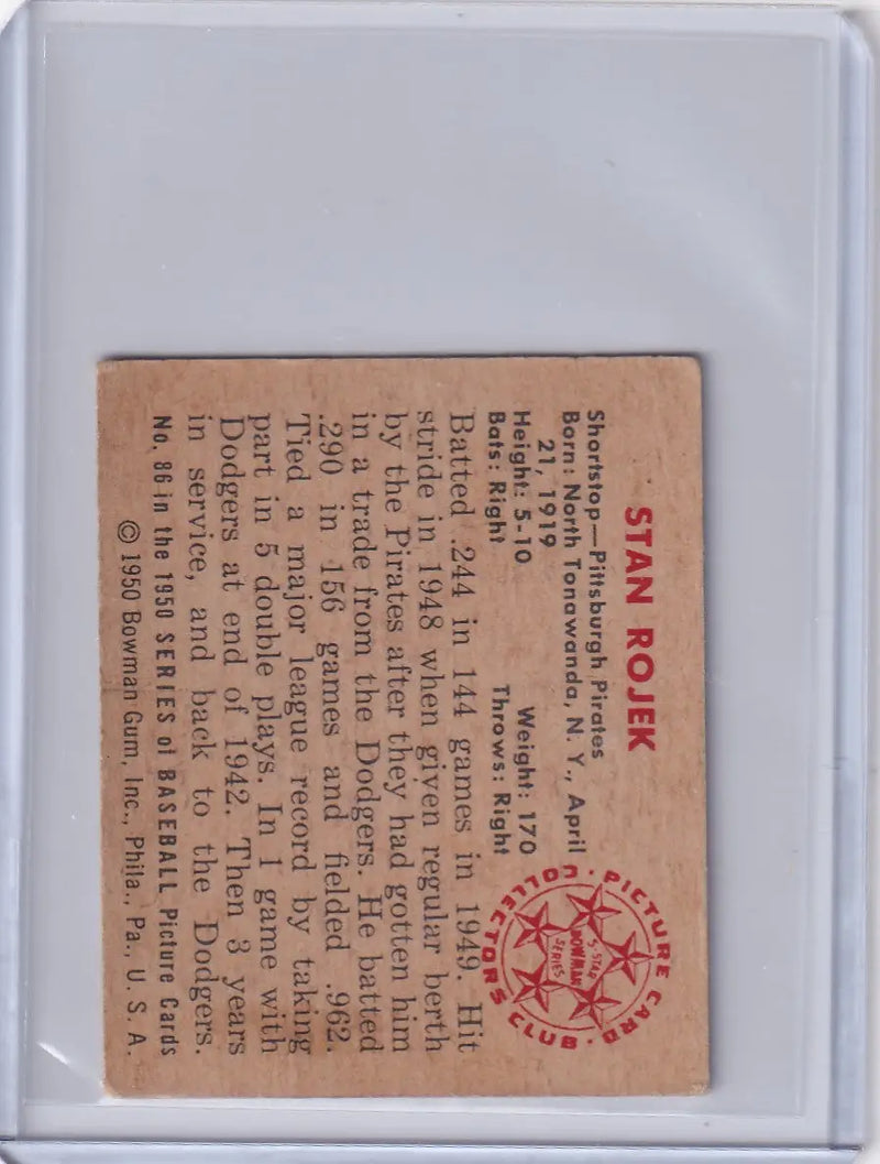 1950 Bowman Baseball #86 Stan Rojek - Pittsburgh Pirates