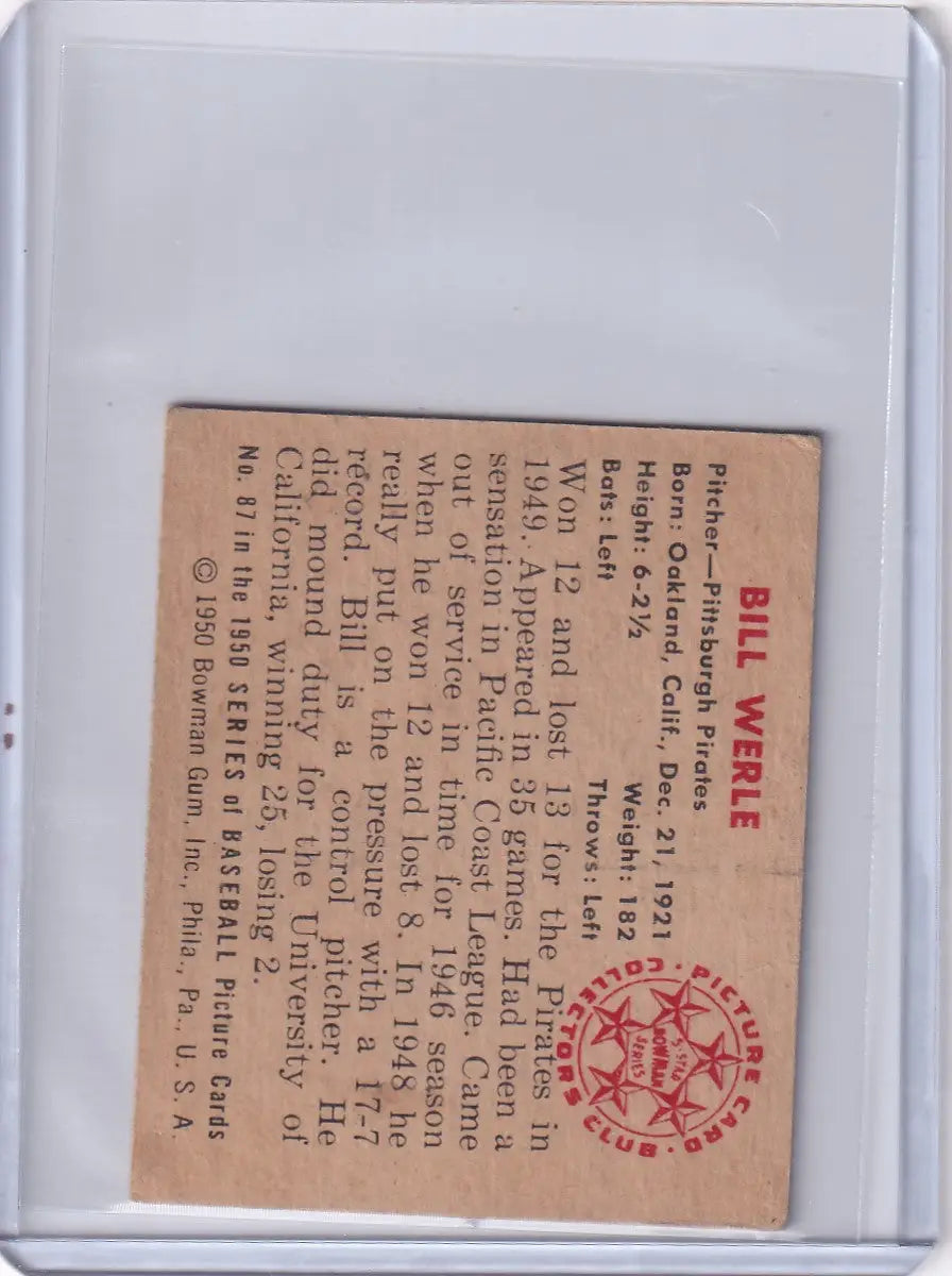 1950 Bowman Baseball #87 Bill Werle - Pittsburgh Pirates RC - Baseball Card Single