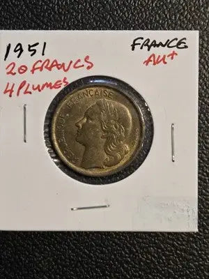 1951-B France 20 Francs Guiraud - 4 Plumes Variety - AU+ High Grade