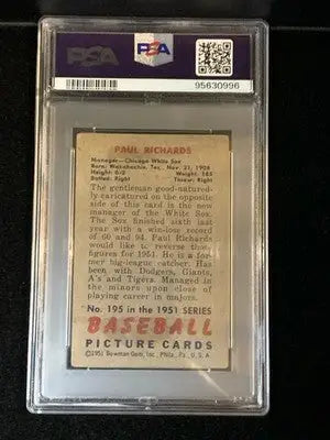1951 Bowman 195 Paul Richards Signed PSA/DNA AUTO Authentic White Sox Waxahachie - Baseball Card Single