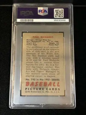 1951 Bowman 195 Paul Richards Signed PSA/DNA AUTO Authentic White Sox Waxahachie - Baseball Card Single