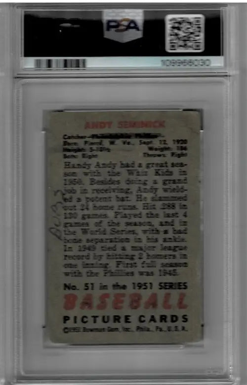 1951 Bowman Andy Seminick #51 Signed Auto Card Philadelphia Phillies PSA/DNA 10 - Baseball Card Single