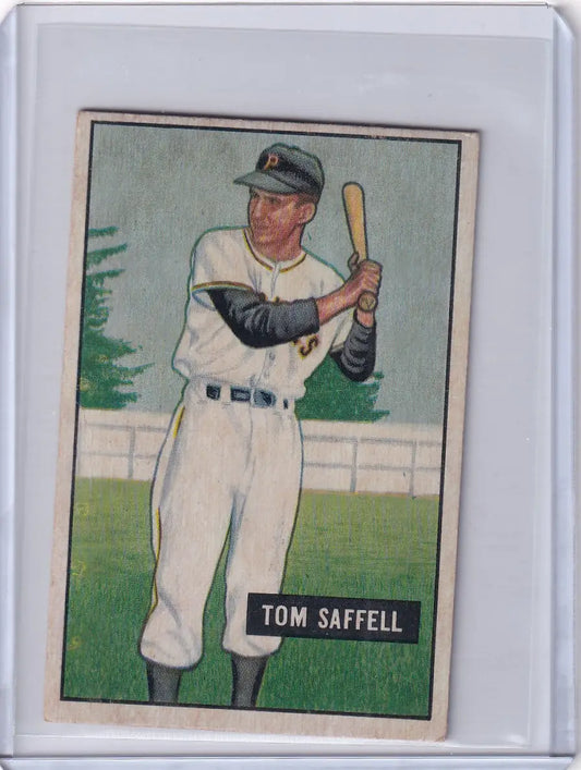 1951 Bowman Baseball #130 Tom Saffell RC card featuring Pittsburgh Pirates player