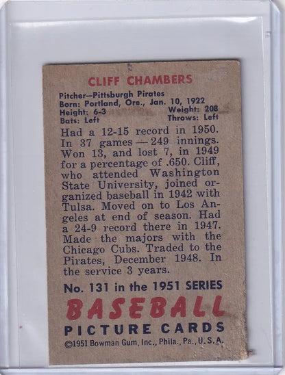 Vintage 1951 Bowman Baseball card of Cliff Chambers, Pittsburgh Pirates pitcher