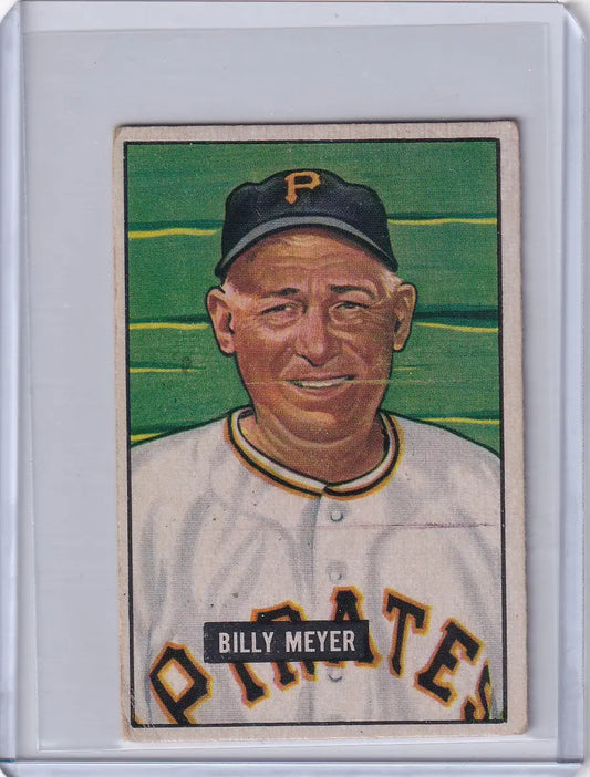 Vintage Billy Meyer MGR baseball card from 1951 Bowman Baseball series, Pittsburgh Pirates