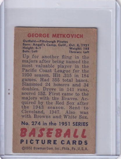 Vintage George Metkovich Baseball Card from 1951 Bowman Baseball, Pittsburgh Pirates