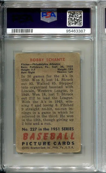 1951 Bowman Bobby Shantz Signed Card #227 Auto Philadelphia A’s PSA 2 DNA 8 - Trading Cards