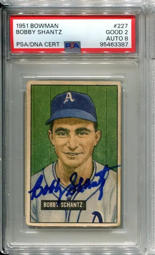 1951 Bowman Bobby Shantz Signed Card #227 Auto Philadelphia A’s PSA 2 DNA 8 - Trading Cards