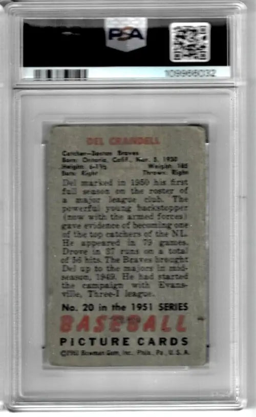1951 Bowman Del Crandall #20 Signed Auto Card Boston Braves PSA/DNA 9 - Baseball Card Single