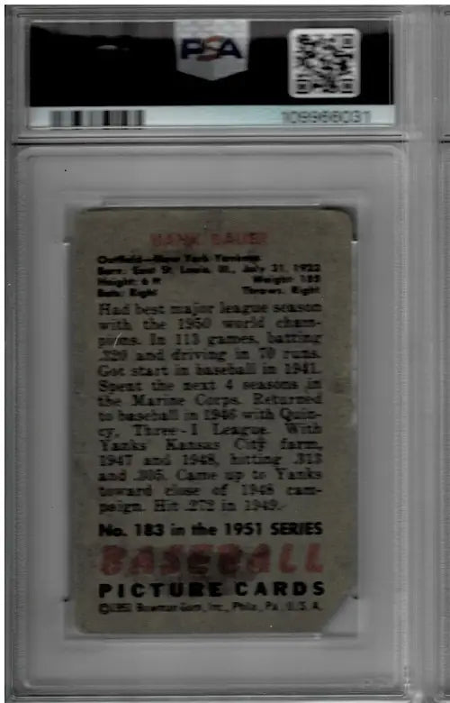 1951 Bowman HANK BAUER #183 Signed Auto Card New York Yankees PSA/DNA 9 - Baseball Card Single