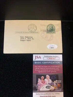 Signed envelope with certification for 1951 Johnny Pesky Autograph Post Card Dated Postmarked