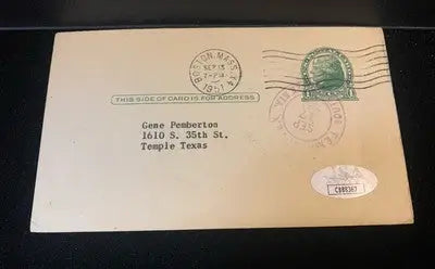 Addressed and stamped post card featuring Johnny Pesky’s autograph, dated and postmarked