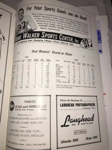 Vintage advertisement page from 1951 Rice University Owls football program and trading cards