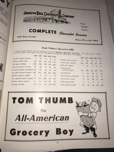 Vintage advertisement page from 1951 Rice University Owls SMU Mustangs football program