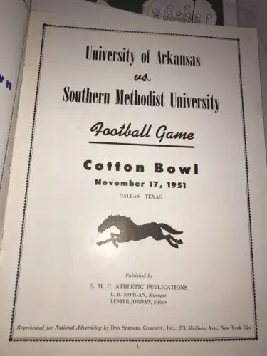Vintage football program for the 1951 Cotton Bowl featuring Univ Arkansas Razorbacks vs SMU Mustangs
