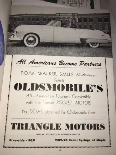 Oldsmobile advertisement in 1951 Cotton Bowl football program featuring Arkansas and SMU