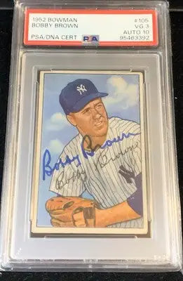 Graded and authenticated Bobby Brown New York Yankees baseball card featuring PSA 3 approval