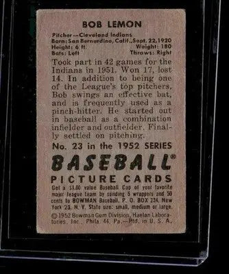 Vintage 1952 Bowman Bob Lemon Cleveland Indians baseball card in protective case