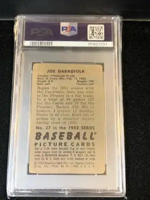 Encased Joe Garagiola baseball card with autographed card featuring Pittsburgh Pirates logo