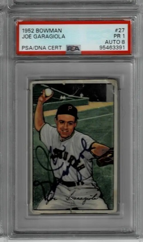 Vintage 1952 Bowman Joe Garagiola autographed card featuring Pittsburgh Pirates memorabilia