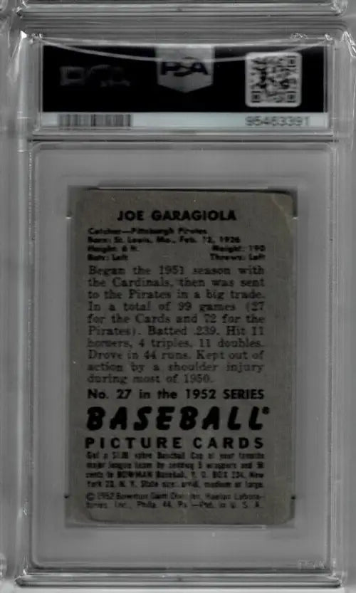 Graded Joe Garagiola autographed baseball card featuring Pittsburgh Pirates collectible