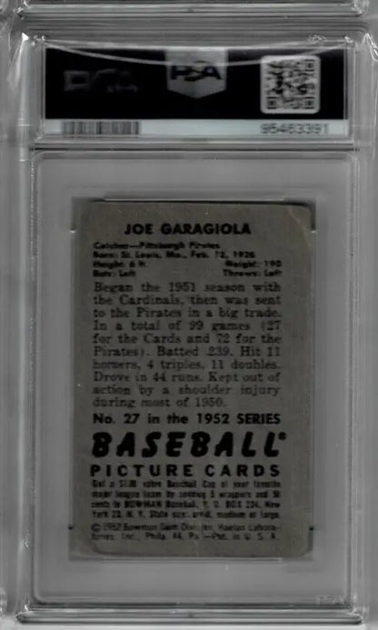 Graded Joe Garagiola autographed baseball card featuring Pittsburgh Pirates collectible