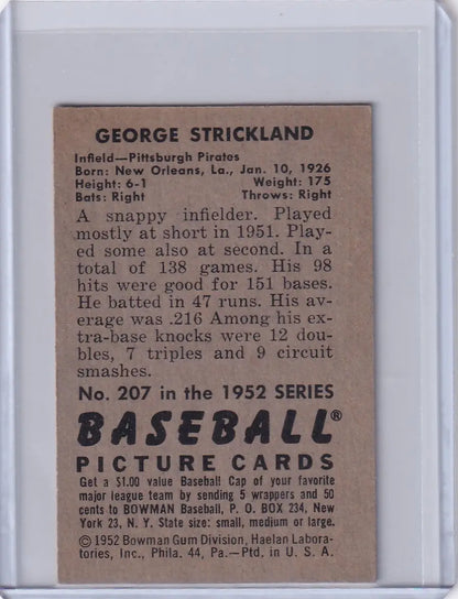Vintage George Strickland baseball card from 1952 Bowman Baseball, Pittsburgh Pirates RC
