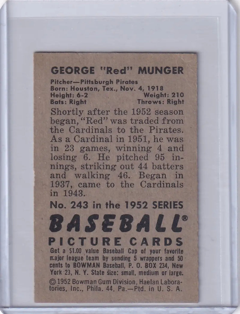 Vintage 1952 Bowman Baseball card of Red Munger UER from the Pittsburgh Pirates