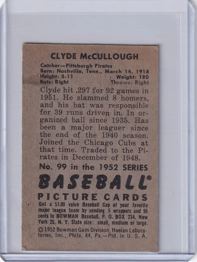 Clyde McCullough 1952 Bowman Baseball card for the Pittsburgh Pirates collection