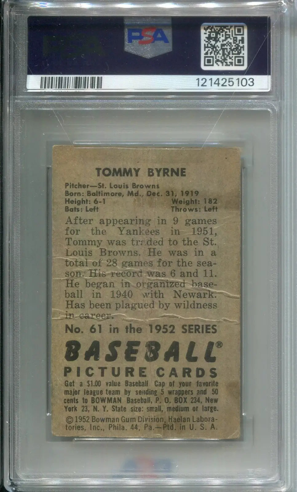 1952 Bowman Tommy Byrne #61 PSA 1 DNA 8 Signed Auto St. Louis Browns - Baseball Card Single