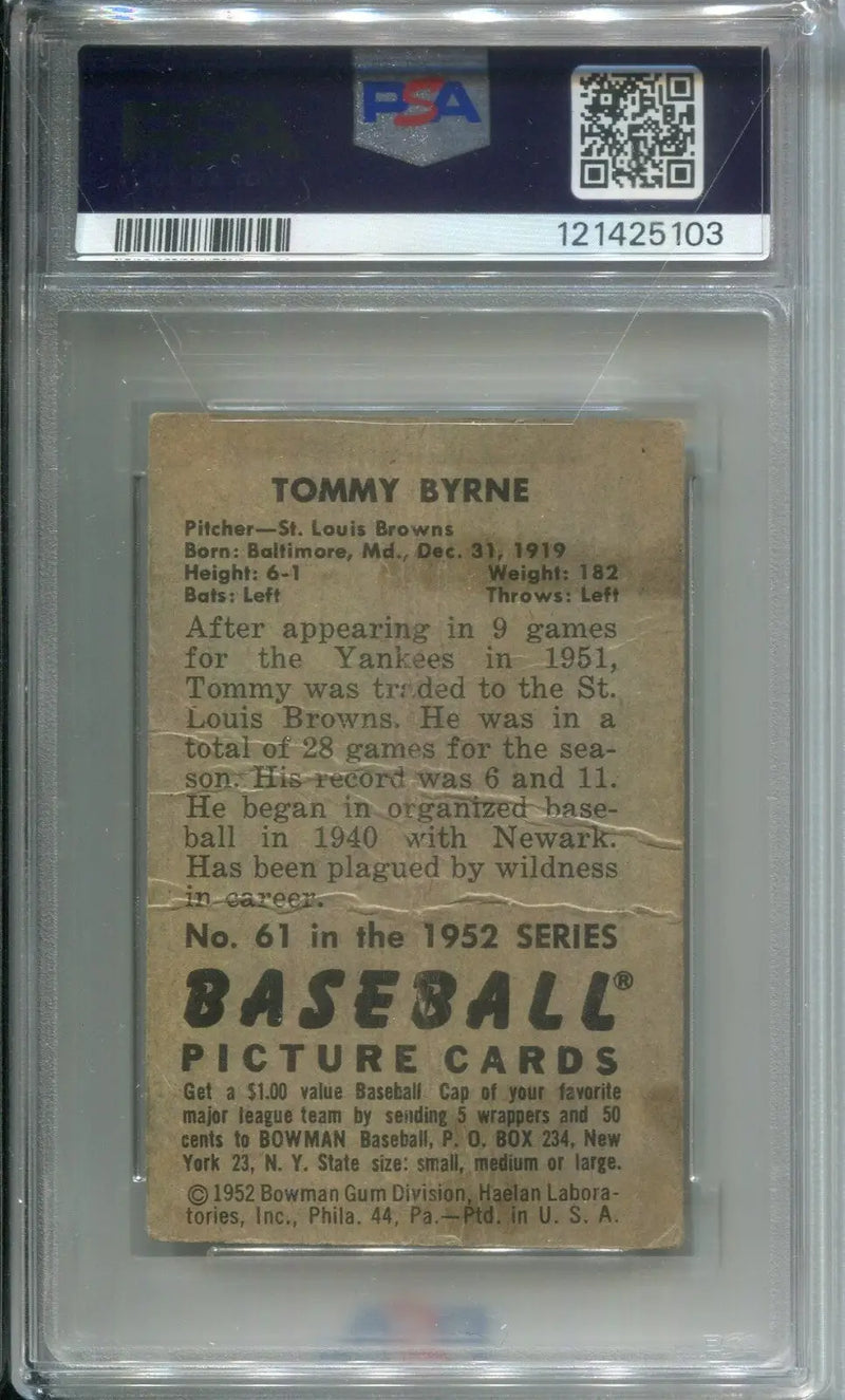 1952 Bowman Tommy Byrne #61 PSA 1 DNA 8 Signed Auto St. Louis Browns - Baseball Card Single