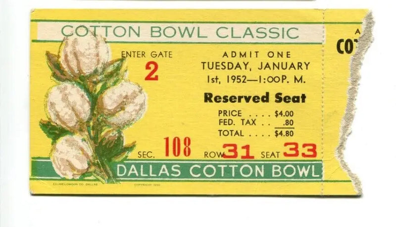 1952 Cotton Bowl Game Ticket Stub Kentucky Wildcats TCU Horned Frogs Bear Bryant - Sports Memorabilia