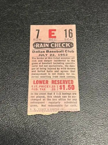 Vintage Dallas Eagles Baseball Club rain check ticket from the Texas League 1952