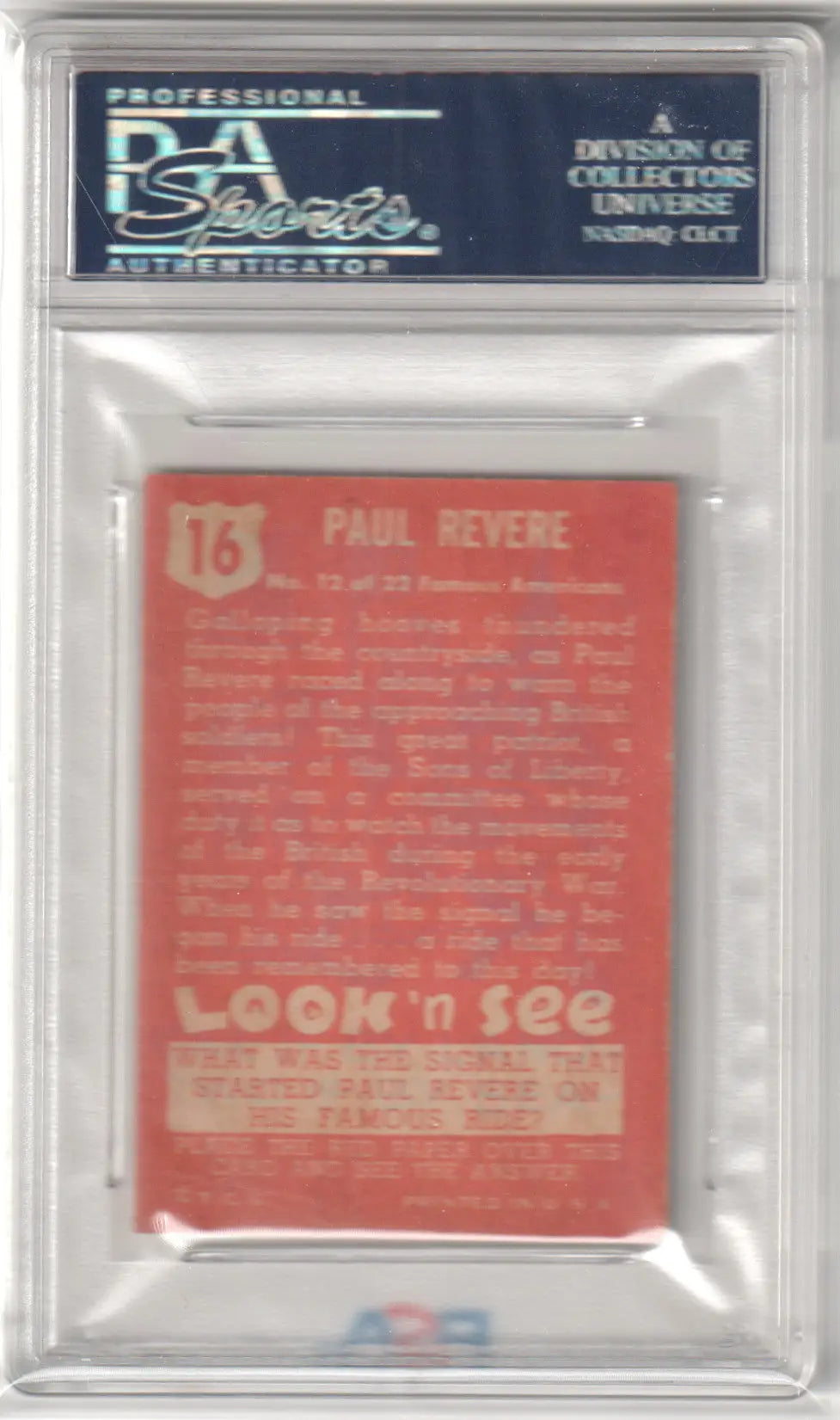 Graded Paul Revere trading card from 1952 Look N See series, PSA 5