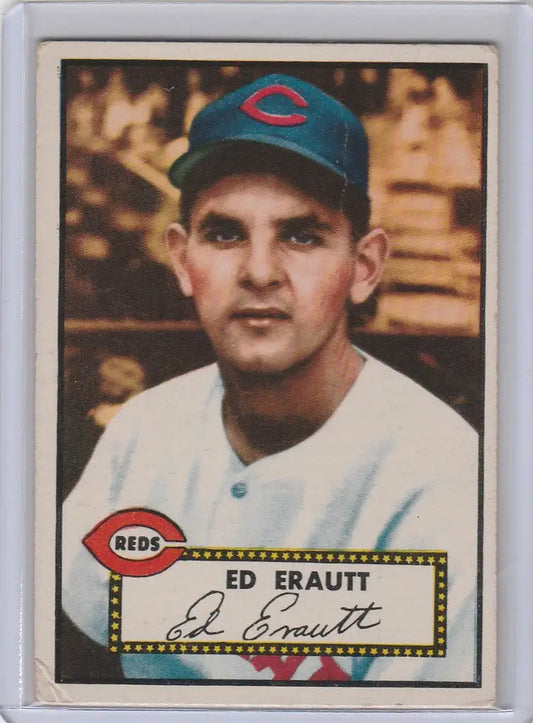 Vintage 1952 Topps Ed Erautt Cincinnati Red baseball card in excellent condition