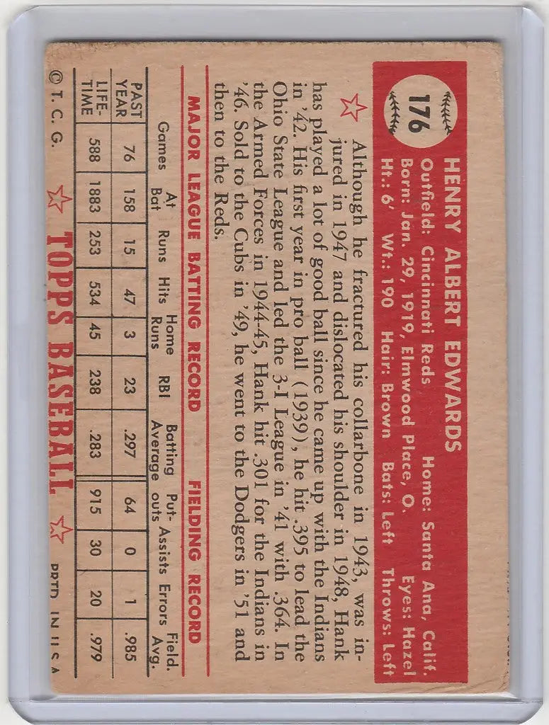 Vintage 1952 Topps Hank Edwards Cincinnati Reds baseball card featuring Edwards Cincinnati Reds player