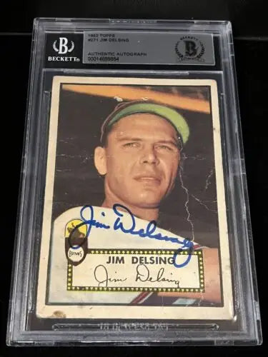 Encased autographed Jim Delsing baseball card from 1952 Topps Detroit Tigers Jim