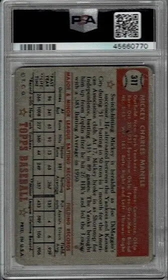Mickey Mantle Rookie Card from 1952 Topps PSA 1 showcasing New York Yankees legend