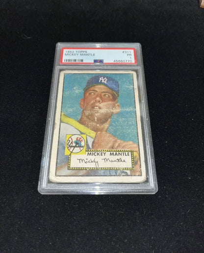 Encased Mickey Mantle rookie card PSA 1 from the 1952 Topps New York Yankees series