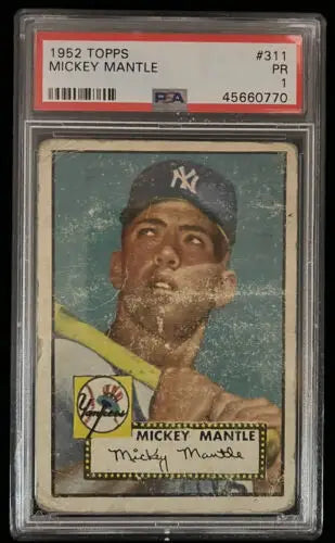Worn 1952 Topps Mickey Mantle rookie card PSA 1 from New York Yankees collectible series
