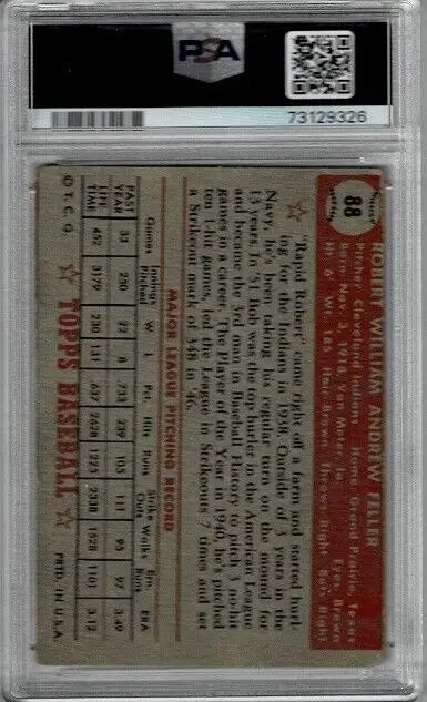 Graded 1952 Topps #88 Bob Feller PSA DNA 8 Signed Autographed HOF Baseball Card