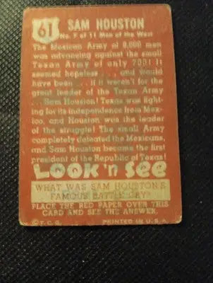 1952 Topps Look N See - Sam Houston #61. VG+ - Non-Sports Card Single