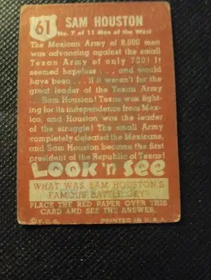 1952 Topps Look N See - Sam Houston #61. VG+ - Non-Sports Card Single